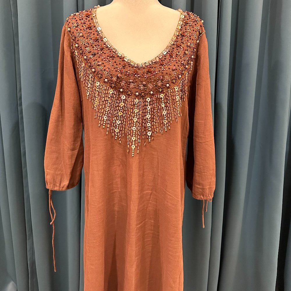 JO NO FUI Brown Rhinestone Cotton Dress